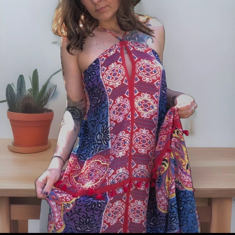 LOVESTITCH Dress Womens Red Batik Print Maxi Halter Open Back Boho NWT - Picture 6 of 16
